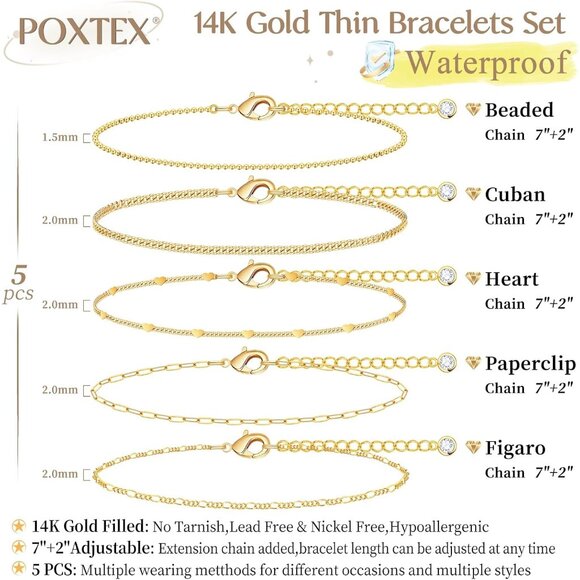 Gold-Style 08 Dainty Stack Beaded, Heart,Rope Bracelets Jewelry Gifts for Women - Picture 5 of 8